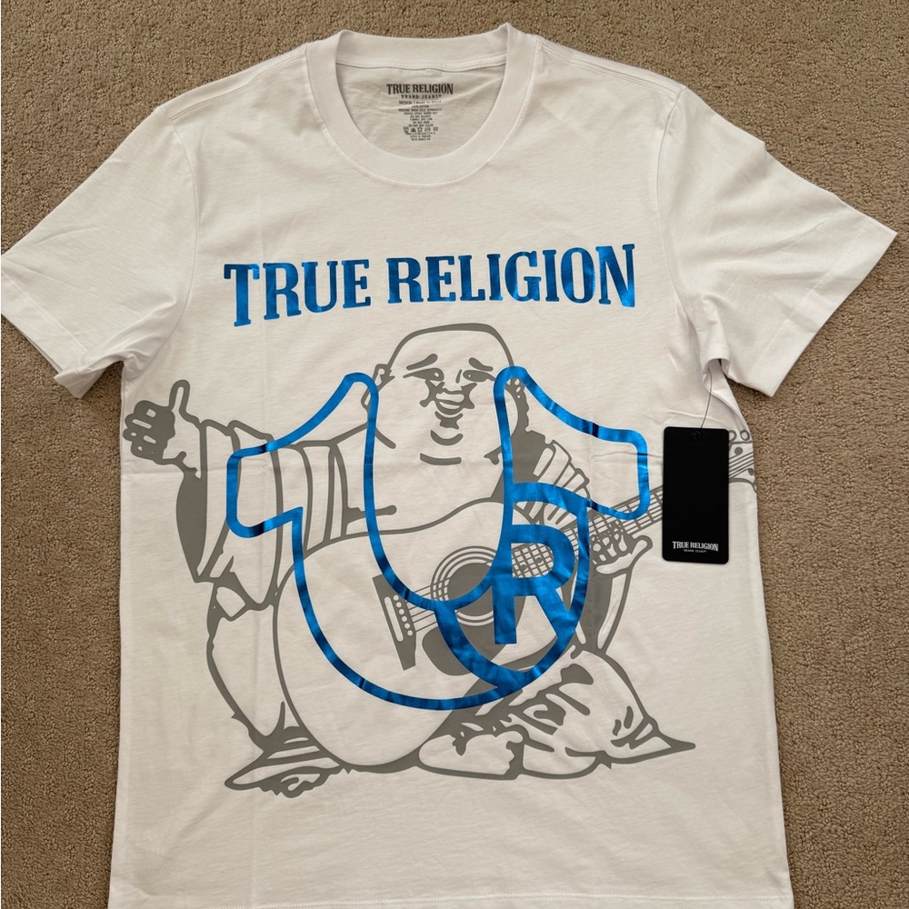 True Religion Blue and White Short Sleeve Tee